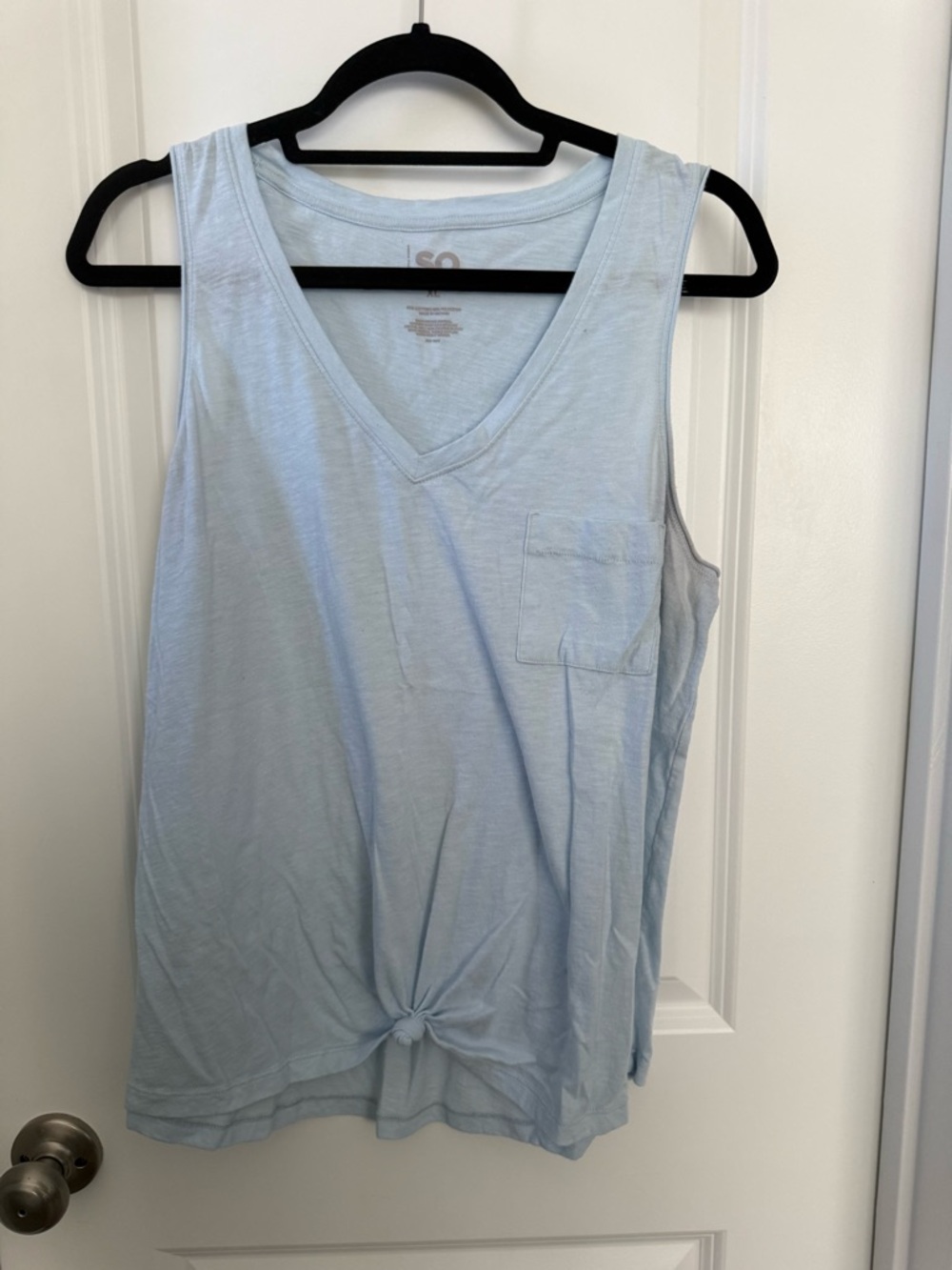 SO Light Blue V-Neck Tank with Front Pocket and Front Knot Detail